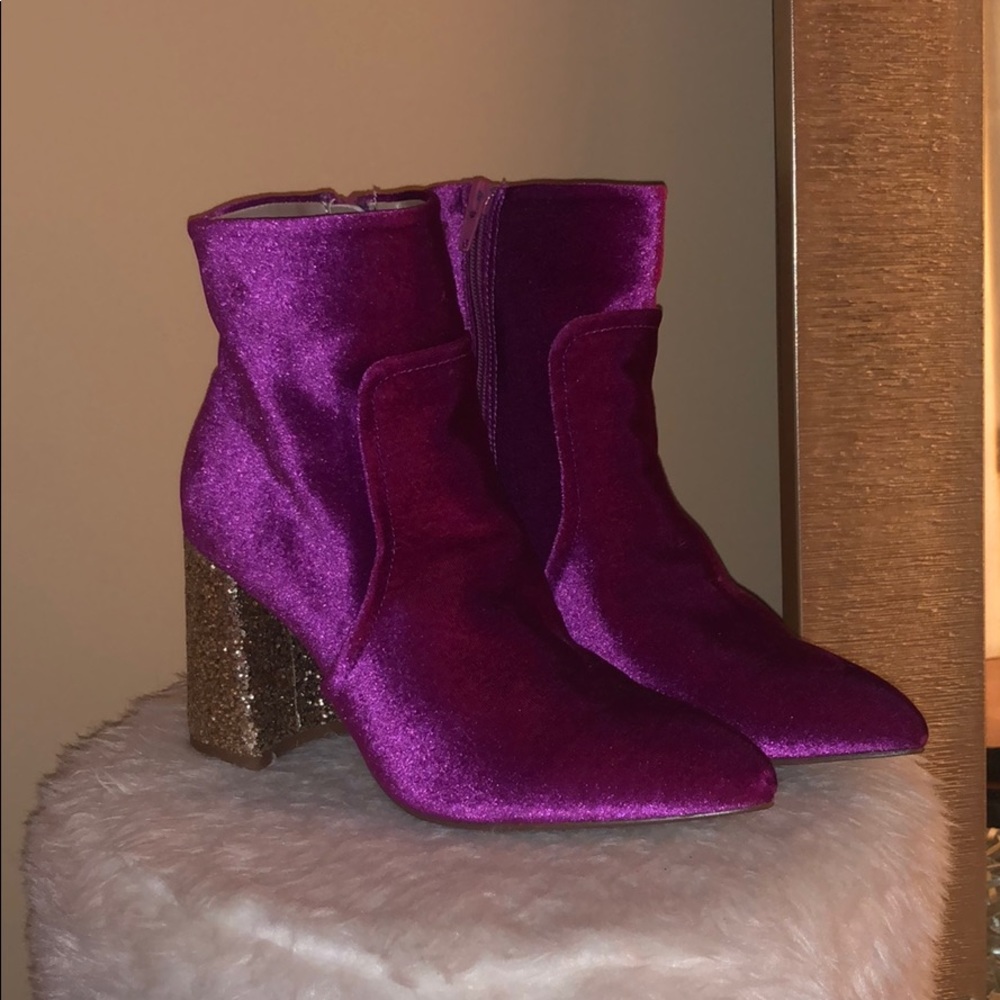 pink suede booties w gold glitter heel